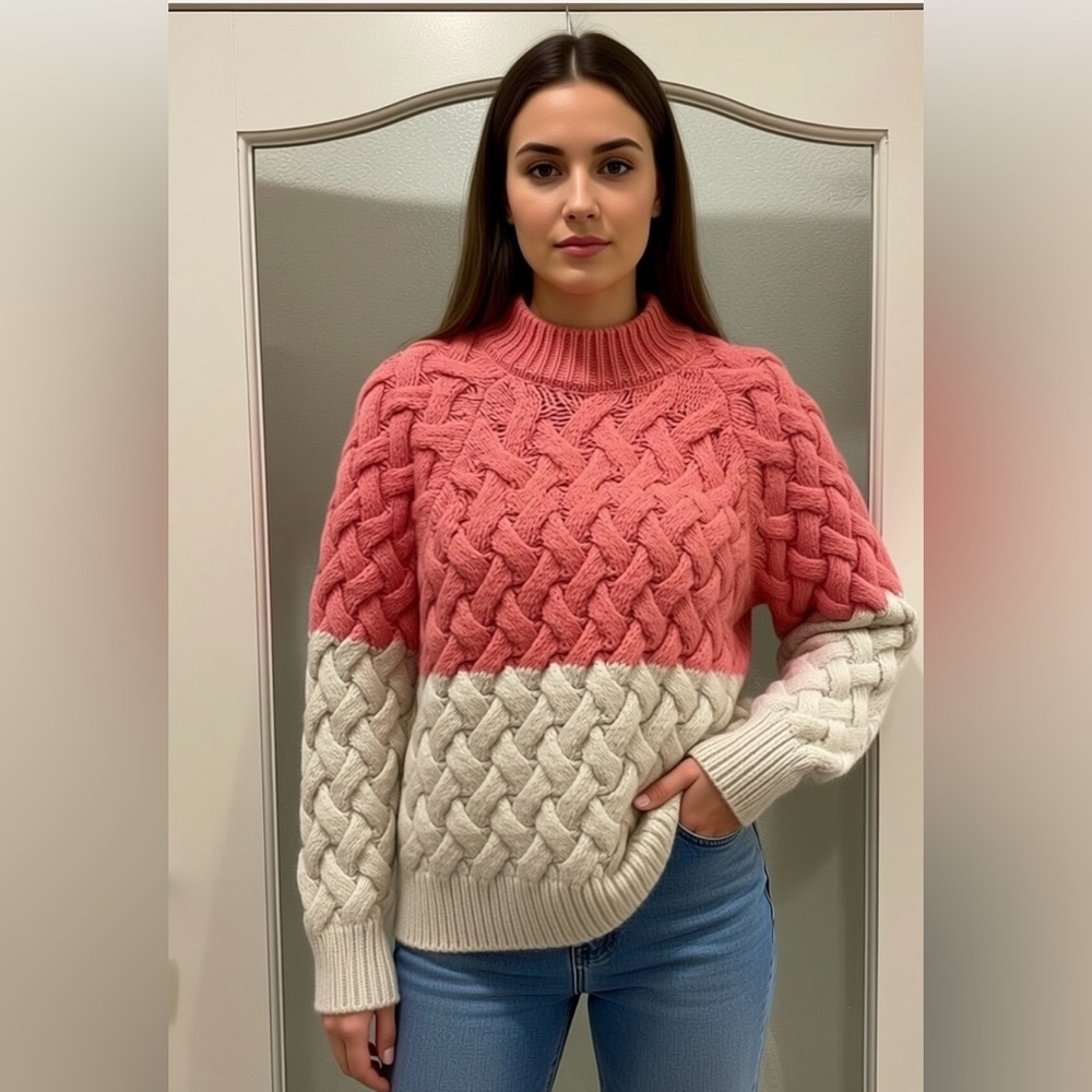 Mango Pink and Cream Cable Knit Crewneck Sweater